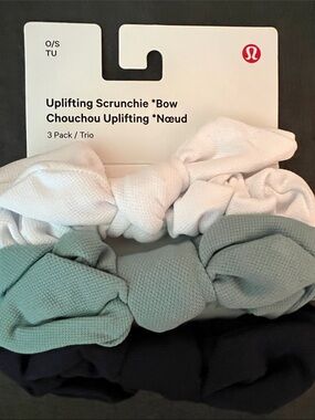 Lululemon Navy White Teal Uplifting Bow Hair Scrunchies 3 Pack NWT